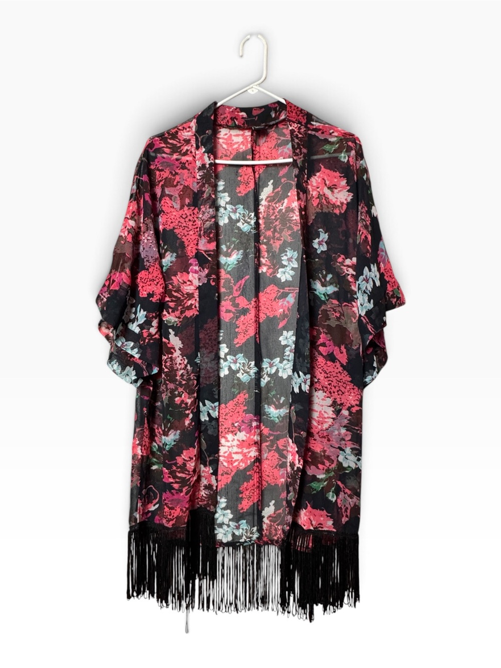 Floral Fringe Sheer Kimono Jacket - Black & Pink Pattern Print One Size Fits